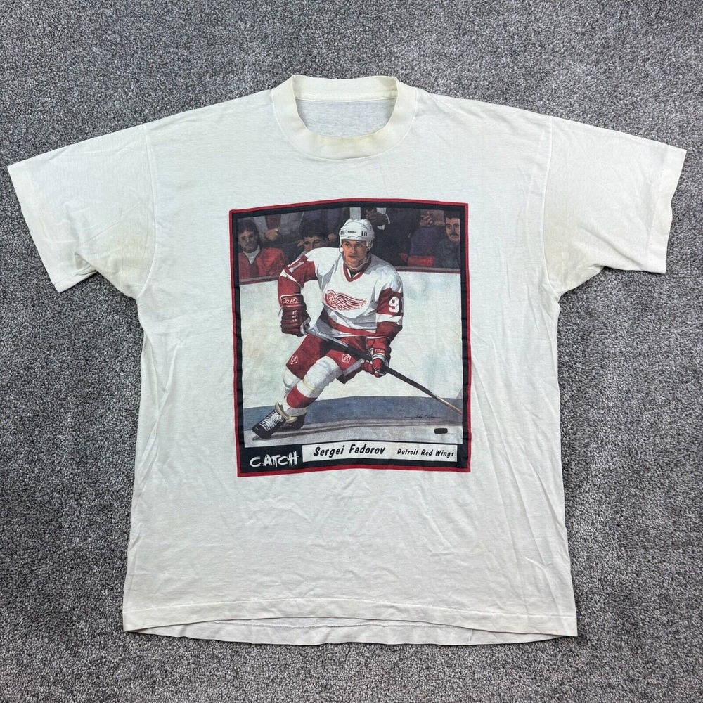 Vintage Sergei Fedorov‎ Shirt Mens Large White Detroit Red Wings Solo Art Hockey